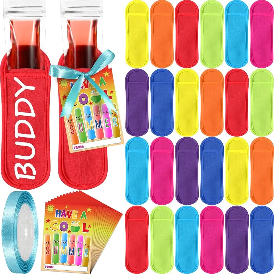 24 Set End of School Year Gift End of Year Student Gift Include 24 Pcs Reusable Ice Pop Sleeves 24 Pcs Gifts Cards with 1 Roll Ribbon for Prizes Summer Party School(Rainbow)