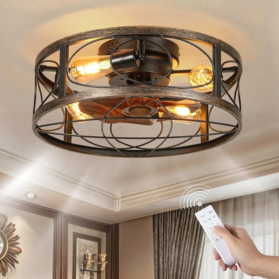 DWVO 20 Inch Caged Ceiling Fan with Lights and Remote, Farmhouse Flush Mount Low Profile Ceiling Light Fixture with Reversible DC Motor, 6 Speeds, for Living Room, Bedroom, Dining Room -Brown