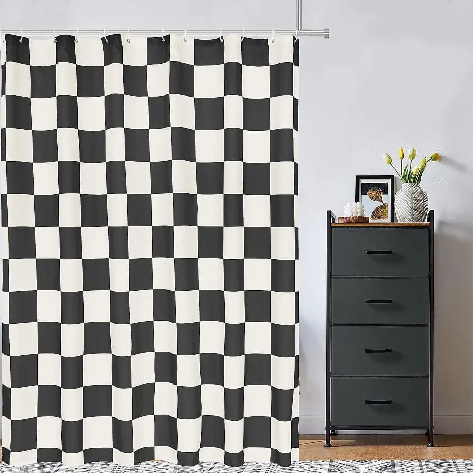 Tititex Aesthetic Checkerboard Grid Pattern Faux Linen Fabric Shower Curtain, White Beige Black Modern Shower Curtain Sets Decoration 60x71 Inch with 12 Hooks