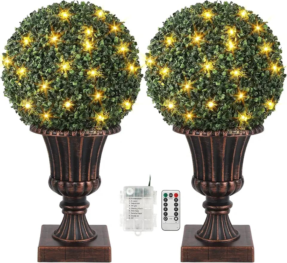 GarveeHome 16" Artificial Plant Topiary Ball, Pre-Lit Artificial Topiary Plant with Lights, Timer and Remote Control, Artificial Outdoor Porch Trees with Red Urn Base for Outdoor Indoor,Red