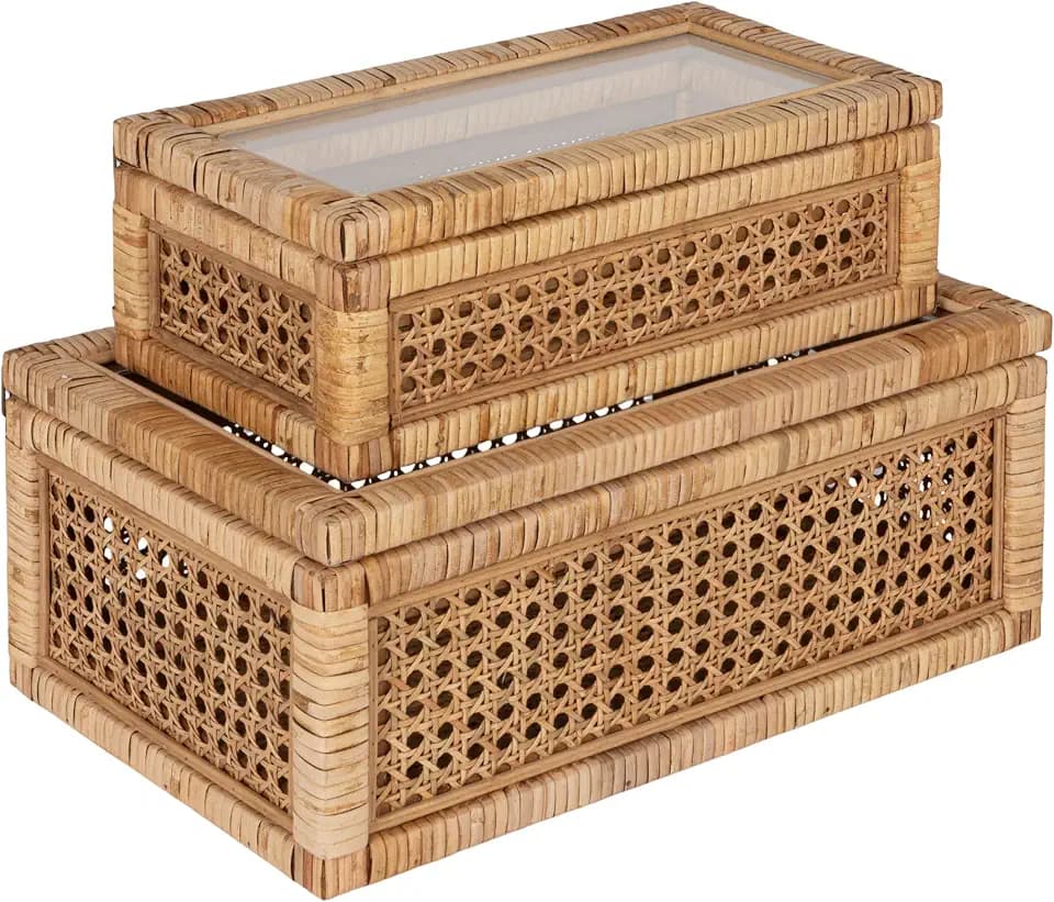 Creative Co-Op Modern Decorative Rectangle Woven Rattan and Wood Display Boxes with Glass Top, Set of 2 Sizes, Natural Finish