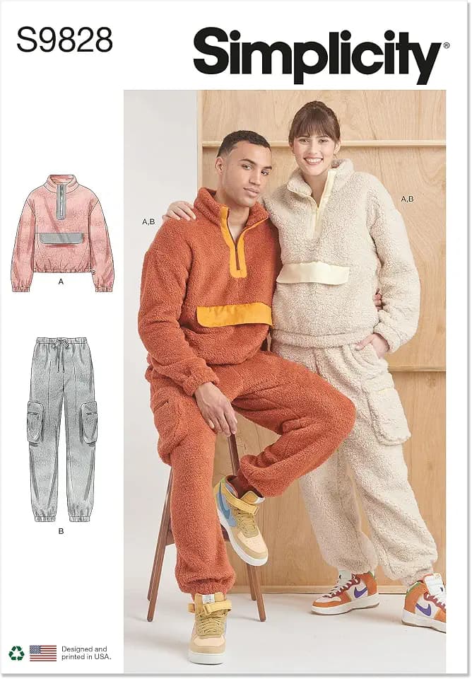 Simplicity S9828 Unisex Half-Zip Sweatshirt & Pull-On Track Pants Sewing Pattern, Sizes XS-XXL