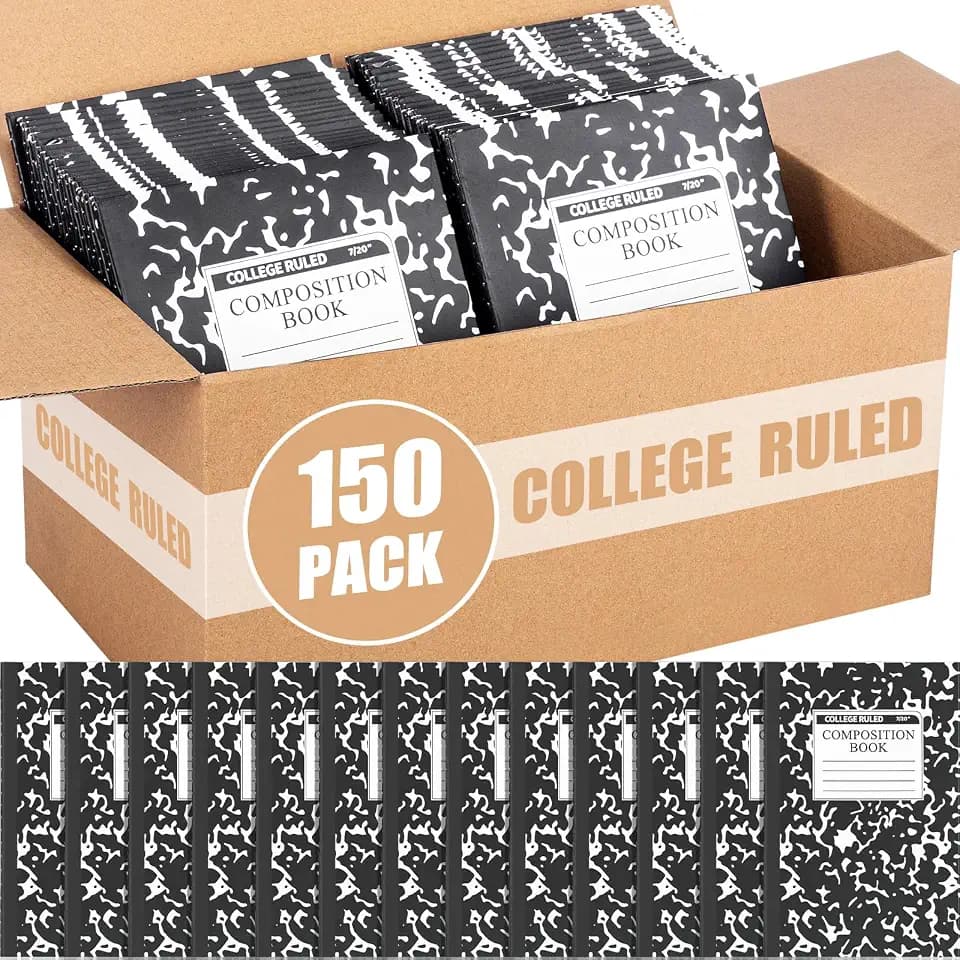 Fainne 150 Pack A5 Composition Notebooks Bulk Wide Ruled, Black