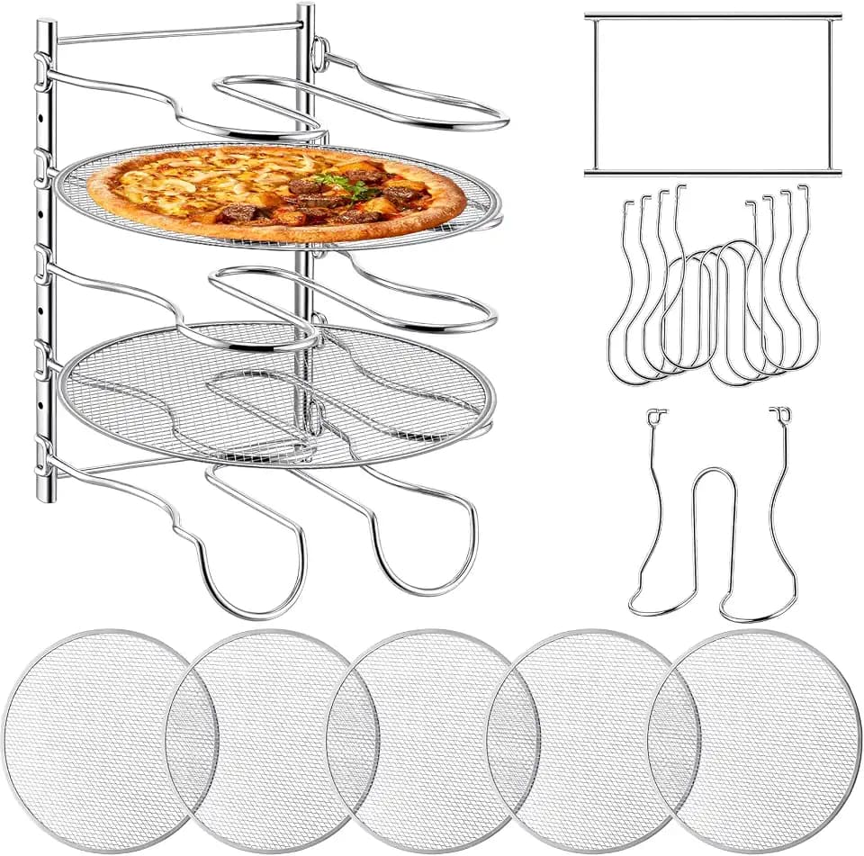Pizza Rack 5 Tiered Stand 10.43" L x 8.52" W x 13" H with 5 Pcs 12 Inch Pans Flexible Detachable Aluminum Baking Set for Easy Storage and Baking Multiple Pizzas