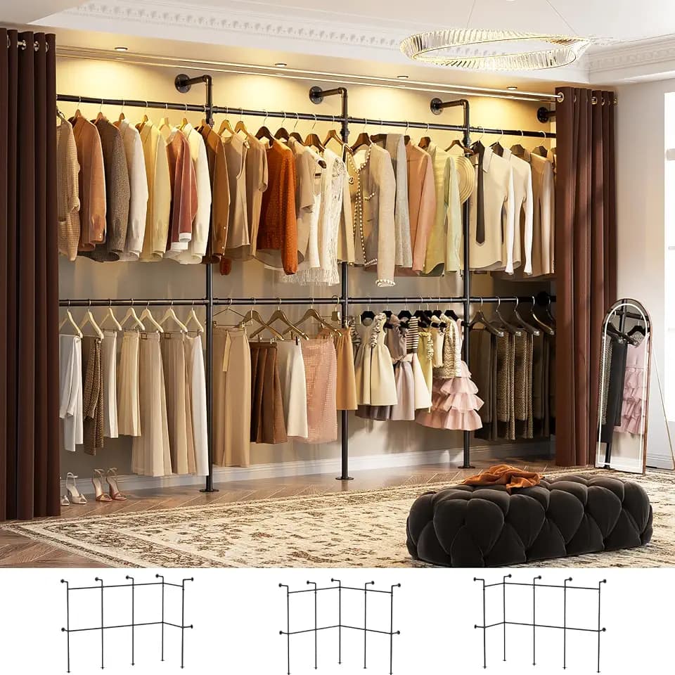Aheaplus Industrial Pipe Clothing Rack, Reversible 13FT Clothes Rack