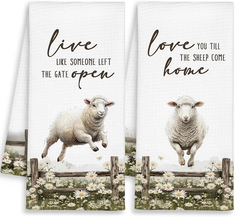 Farmhouse Funny Sheep Kitchen Towels Set of 2,Live Like Someone Left The Gate Open Decorative Dish Towels Gift for Bathroom Farmer, Easter Rustic Floral Hand Tea Towel for Home Farm 16x24in