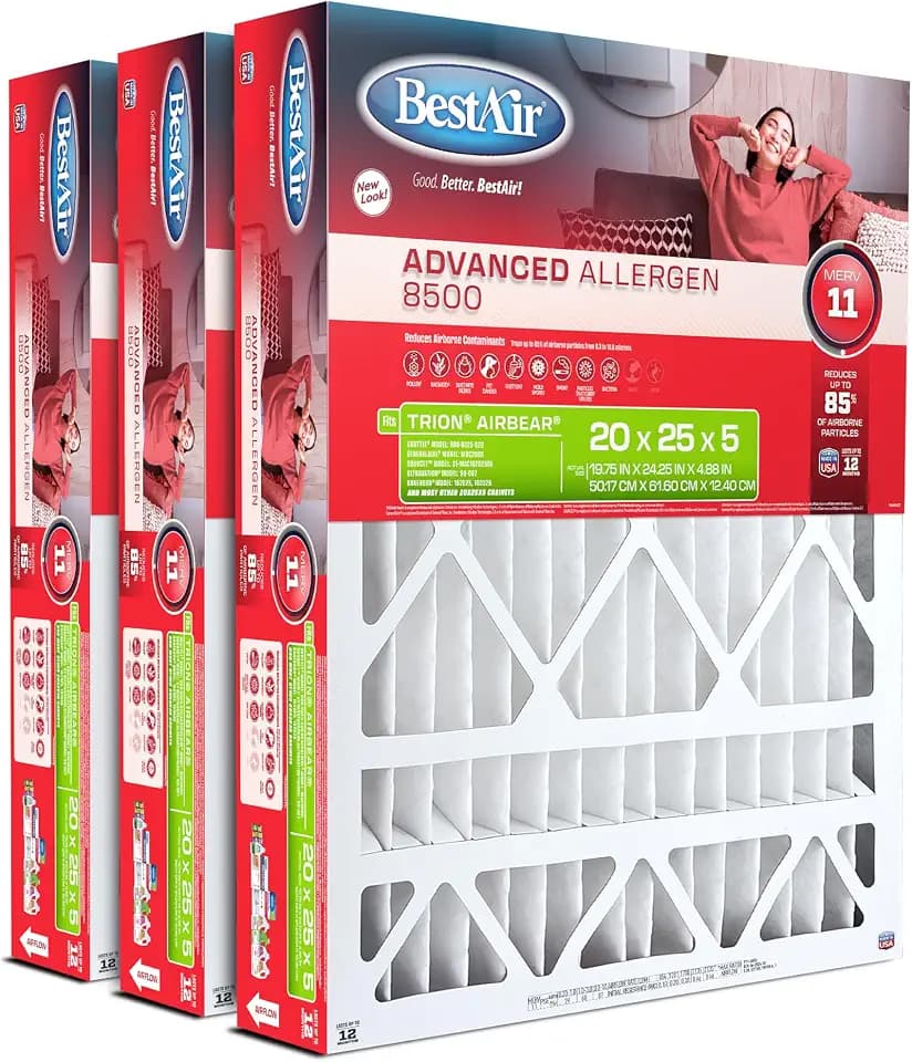 BestAir 20x25x5 Air Filter MERV 11 Advanced Allergen (3-Pack)