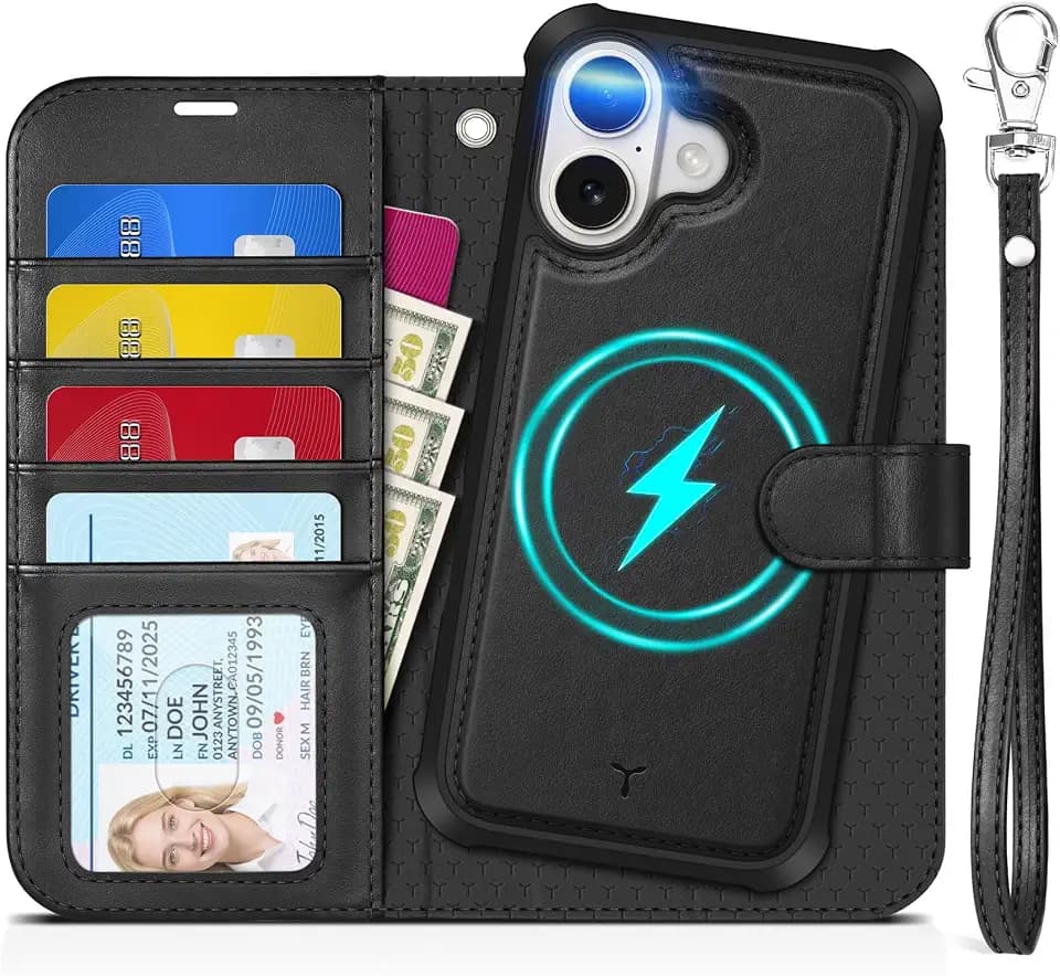 TUCCH Hülle für iPhone 17 6,3 Zoll 2025, Handyhülle, Schwarz | 2-IN-1, Band, Ständer, Abnehmbar, Magnetische Klapphülle, Kabelloses Laden, RFID-Blocker, 4 Kartenfächer, PU Leder