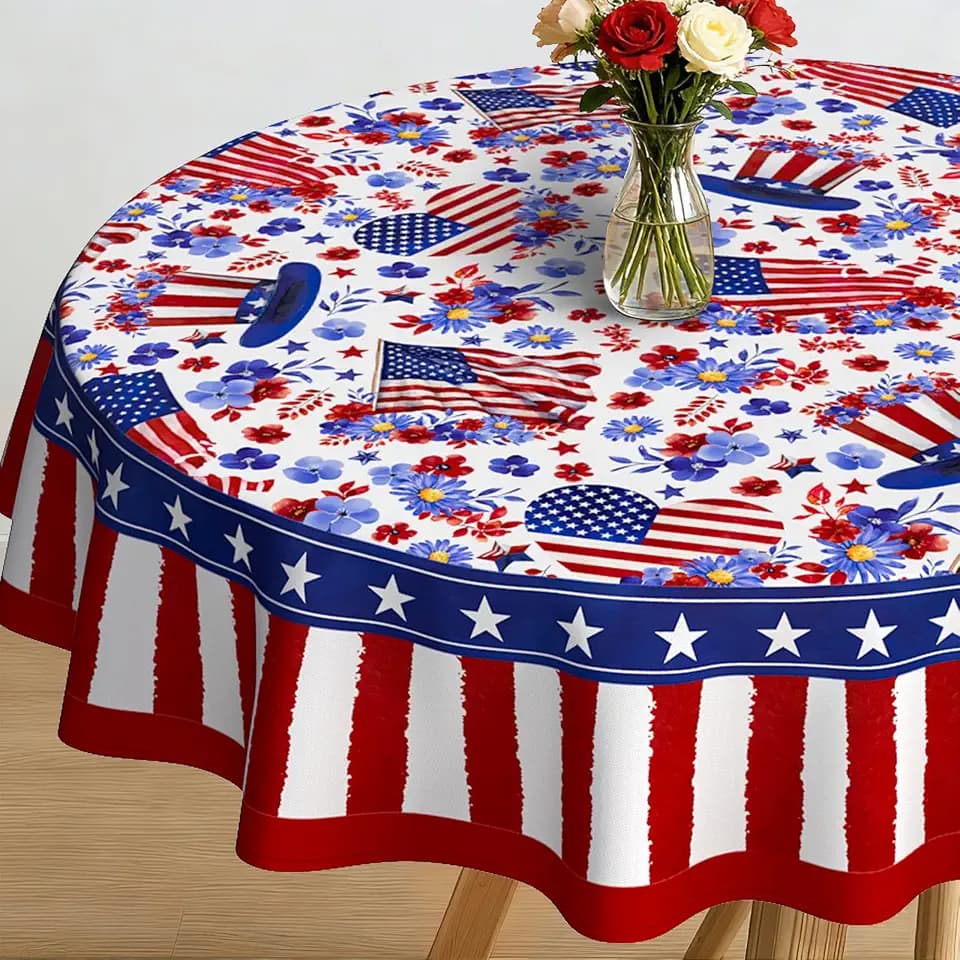 Round 4th of July Tablecloth 70x70 Inch, Farmhouse Patriotic Star Table Cloth, Polyester Waterproof Wrinkle Resistant Independence Day Tables Cover for Holidays Kitchen Dining Home Decor
