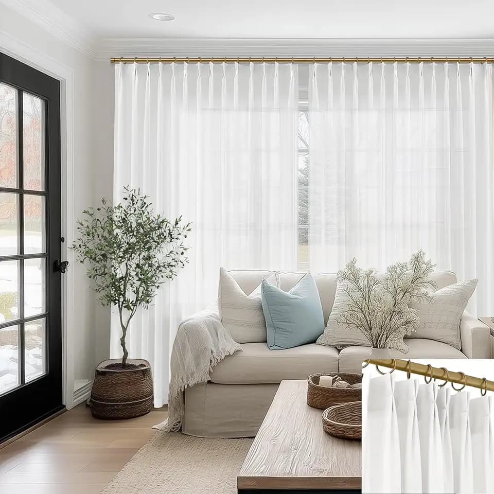 SHINELAND White Privacy Curtains That Let Light in, Linen Texture Semi Sheer Tailored Pinch Pleated 90 Inch Designed for Bedroom Living Room Floor to Ceiling or Track System