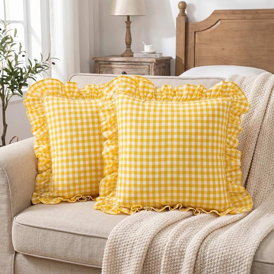 Eternal Beauty 2 Pack 18x18 in Yellow White Plaid Gingham Ruffle Throw Pillow Covers, 100% Washed Cotton Decorative Checkered Pillowcase for Couch, Sofa, Bed, Farmhouse Vintage Home Decor