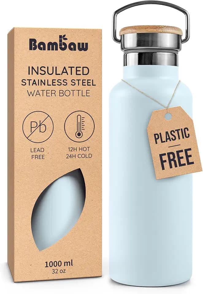 Bambaw 32 oz Water Bottle, Insulated Stainless Steel Water Bottle with Wide Mouth, Made of High-Grade Stainless Steel, Portable with Handle, Great for Travel, Gym & Work (Ice Blue)