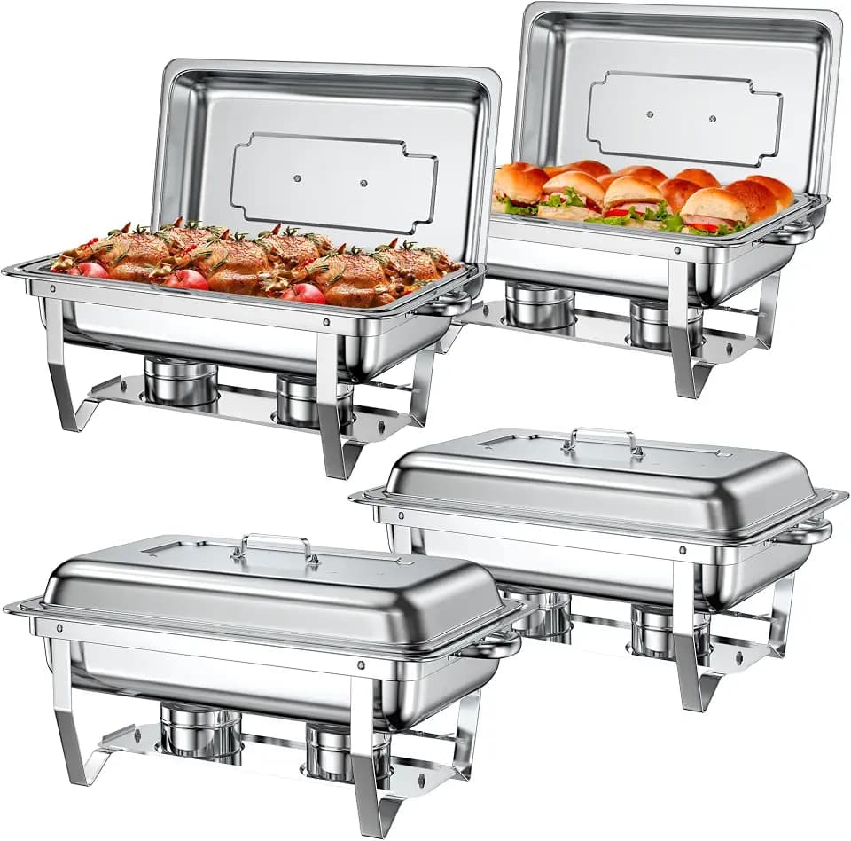 Rengue 9.5 QT Chafing Dishes, 4 Pack High Premium Stainless Steel Complete Set, Rectangular Chafing Dish Buffet Set, Heating and Cooling Chafing Dish for Gatherings Banquet, Buffet, Party, Wedding