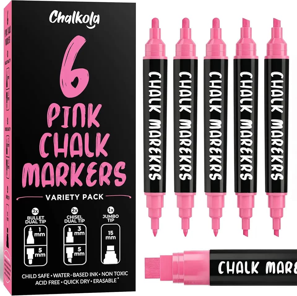Chalkola 6 Pink Chalk Markers for Chalkboard Signs, Bistro & Car Window