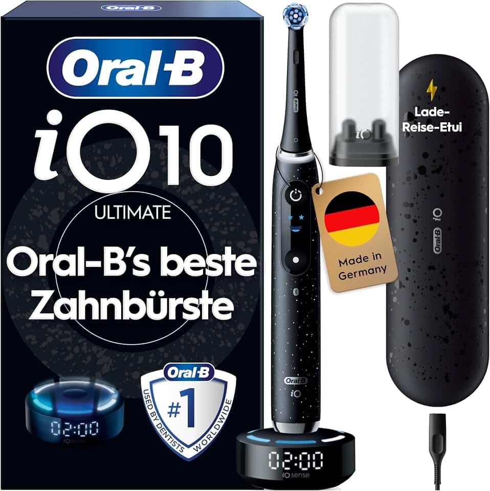 Oral-B iO Series 10 Elektrische Zahnbürste — Electric Toothbrush, Inkl. 1 Aufsteckbürste, iOSense, Lade-Reise-Etui — 7 Putzmodi für Zahnpflege, Zahnbürste Elektrisch, Designed by Braun, Schwarz