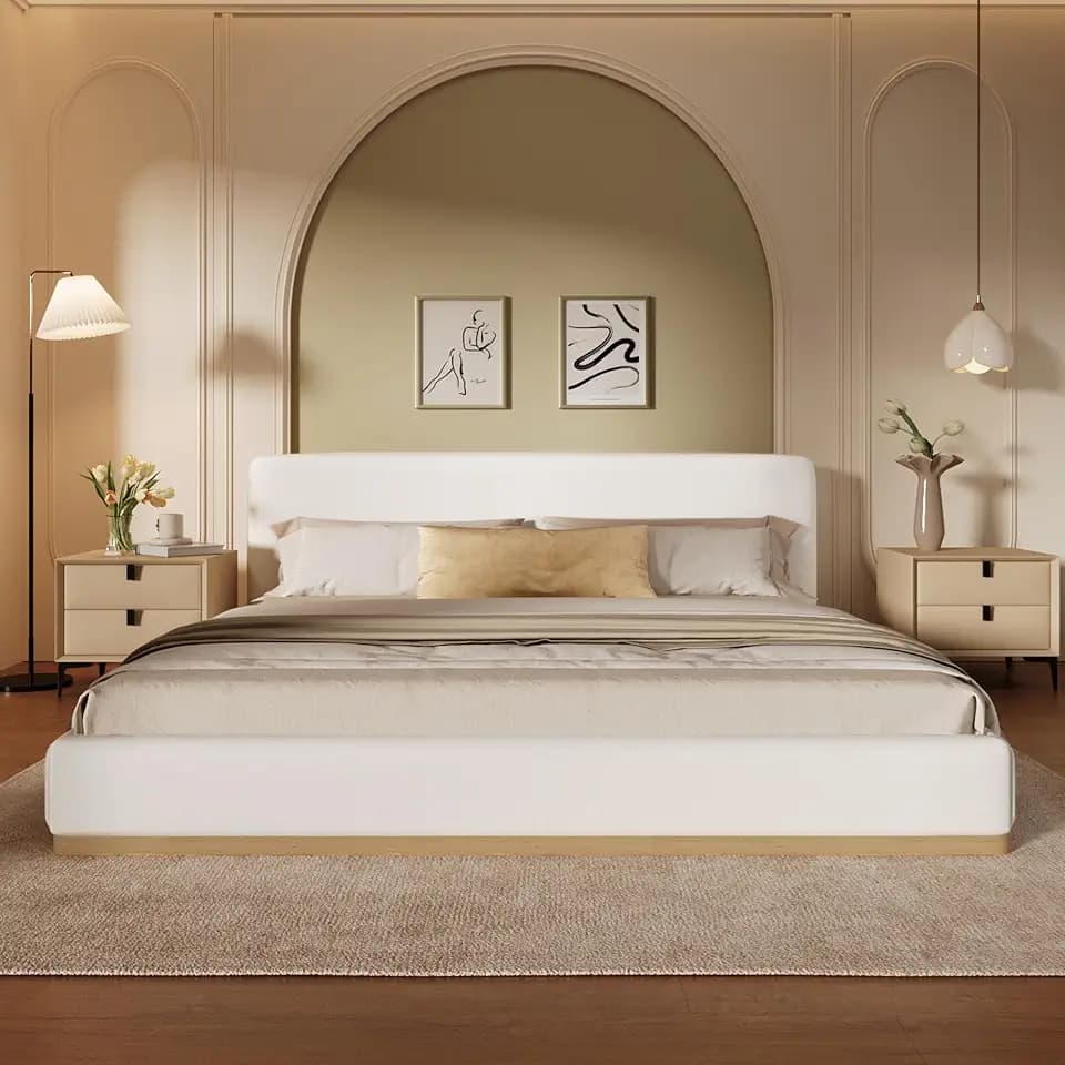 Christopher Knight Home Bettine King Size Bed Frame, Upholstered King Size Headborad and Bed, Rectangular Velvet Headboard, Solid Wood Frame, Slats Panel Platform, No Box Spring Needed, 800lbs White