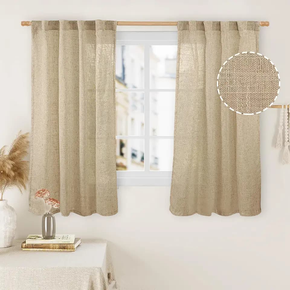 LAMIT Brown Sheer Linen Curtains 48 Inch Length 2 Panels, 34 x 48 Inch