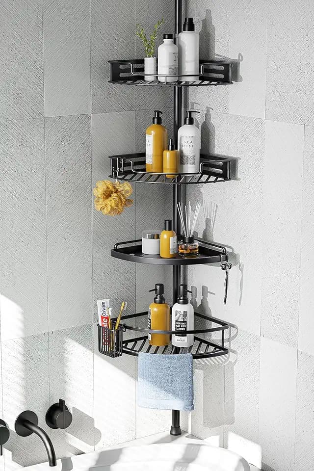 HAMITOR Corner Shower Caddy Tension Pole, 4 Tier Rustproof Organizer- Black