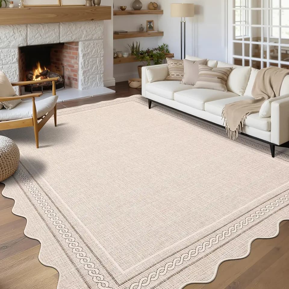 GarveeHome Washable 6x9 Area Rugs for Living Room Scalloped Non Slip, Beige