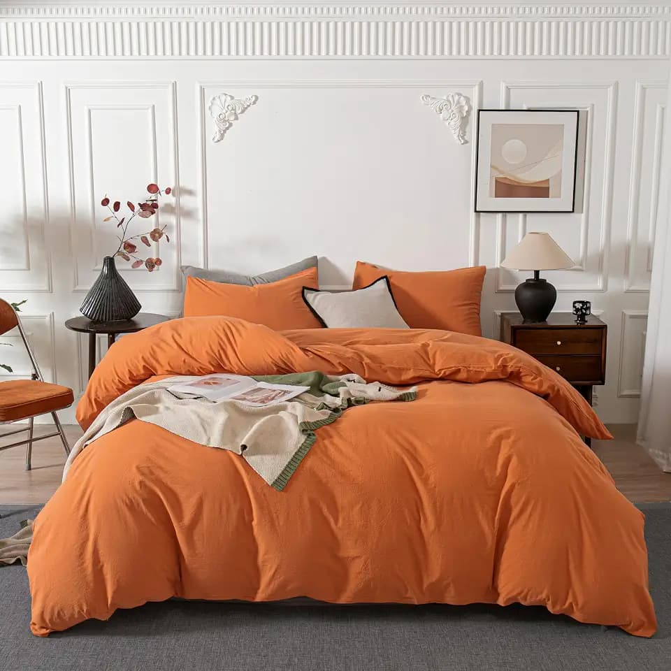 Janlive Washed Cotton Duvet Cover Set Linen Feel Textured Ultra Soft 100% Cotton Solid Color Orange Duvet Cover Set with Zipper Closure -3 Pieces Orange Queen