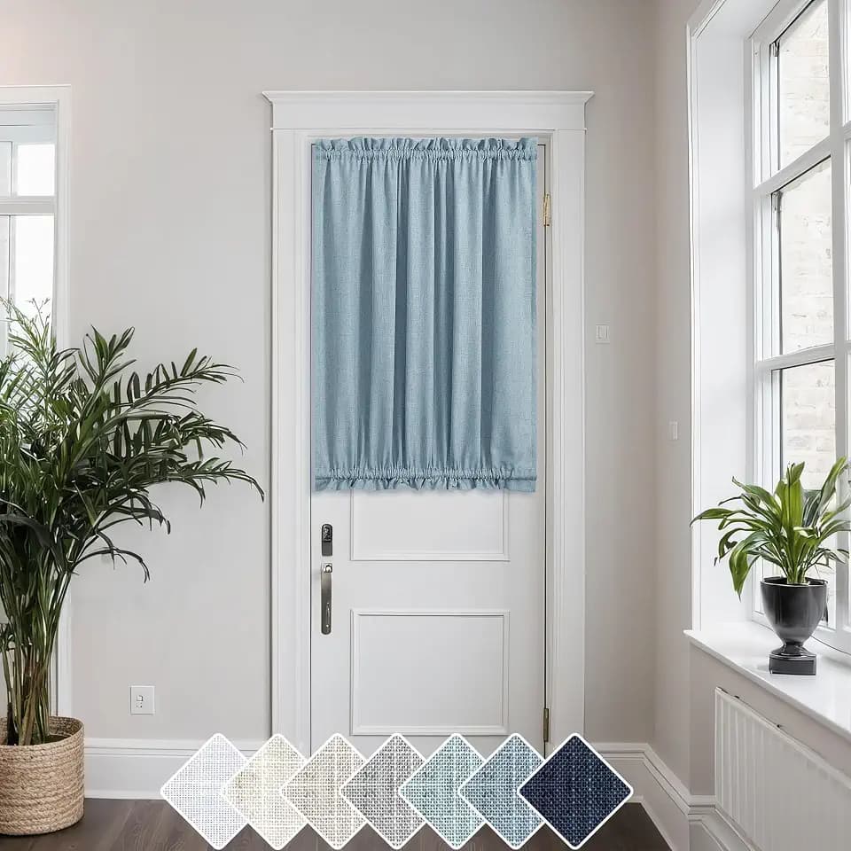 KOUFALL Front Door Curtan for Glass Door Half Window Privacy Protected Light Filtering Rod Pocket Linen Blend Small Curtain Bonus 1 Tie Back 52 x 40 Inch Length Single Panel Stone Blue