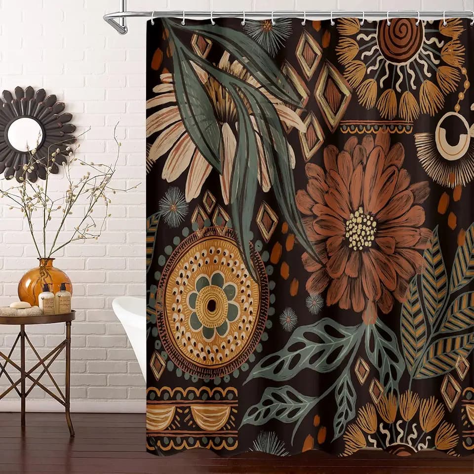 Dark Floral Shower Curtain, Vintage Botanical Boho Fabric Curtain, 72 x 72