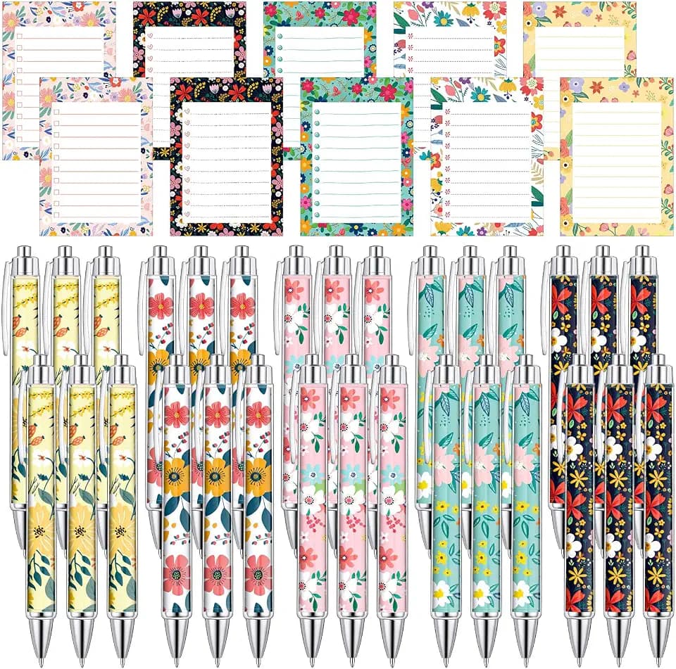 Kosiz 60 Pcs Flower Notepads with Pens Floral Sticky Notes Funny Ballpoint Pens Bulk Floral to Do List Memo Pads for Flower Theme Party Favors Office Holiday Gifts