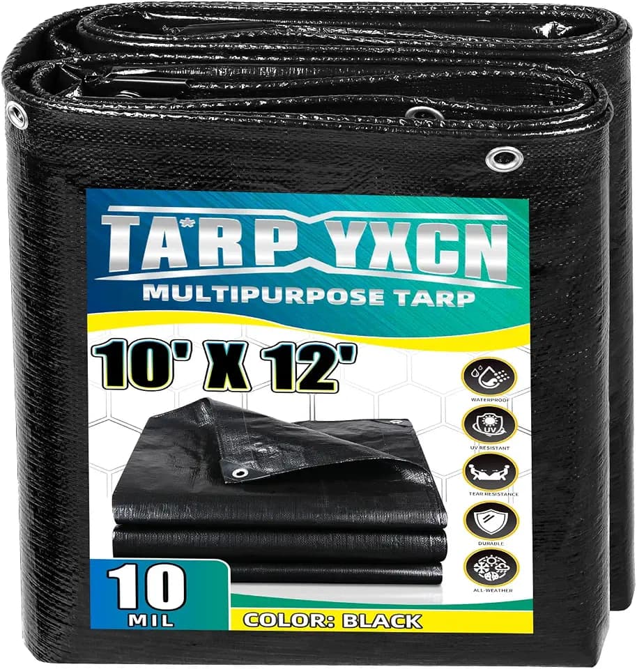 Black Tarp 10x12 Feet, 10 Mil Thick Waterproof Poly Tarps