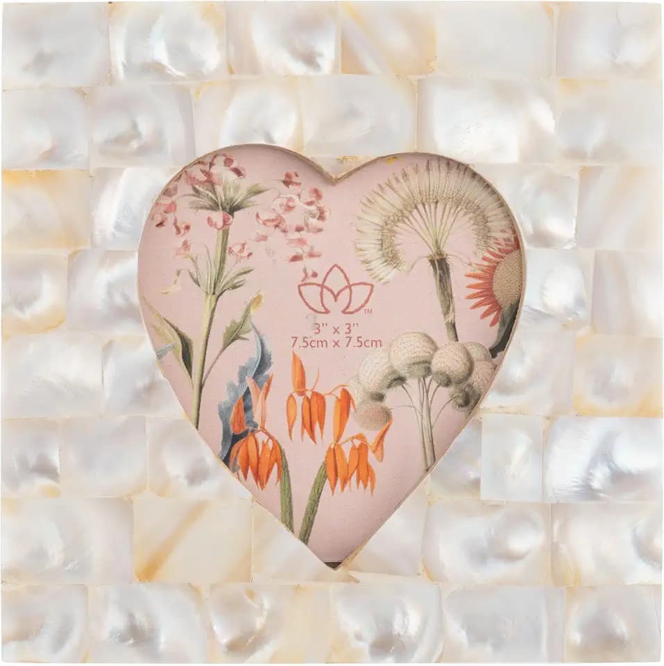 Karma, Mother of Peral Heart Shaped Picture Frame, 4x4 Photo Frame for Tabletop Desktop Display, Heart