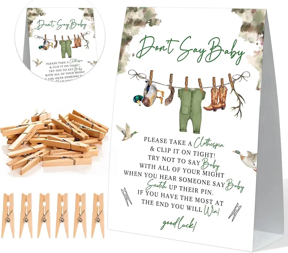 Don't Say Baby Shower Game, Baby Shower Clothes Pin Game, Mallard Duck Hunting Clothesline Sign and 50 Clothespins, Gender Reveal Activities For Guests, Gender Reveal Games Decoration Supplies, 19