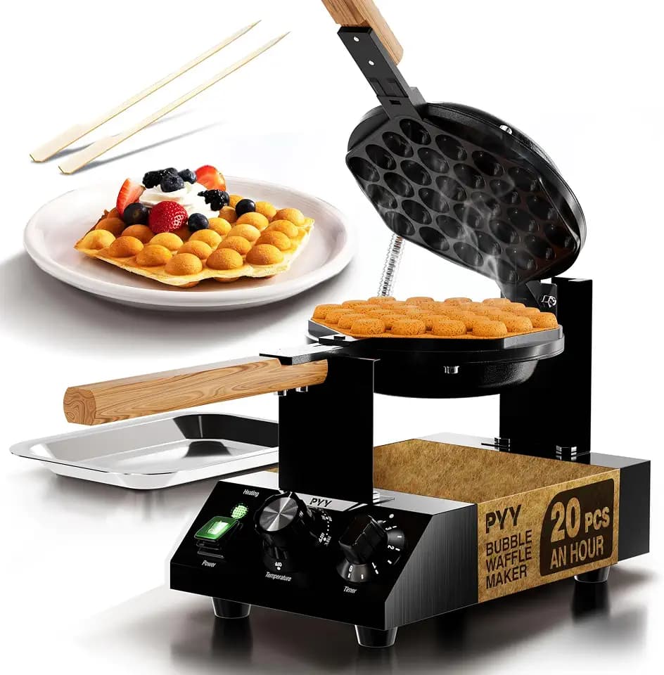 PYY Bubble Waffle Maker – 1500W Commercial Egg Puff Waffle Iron, 122-482℉ Electric Stainless Steel, 180° Rotating, Non-Stick Coating, Wooden Handle & Crumb Tray, Hong Kong Round Cones