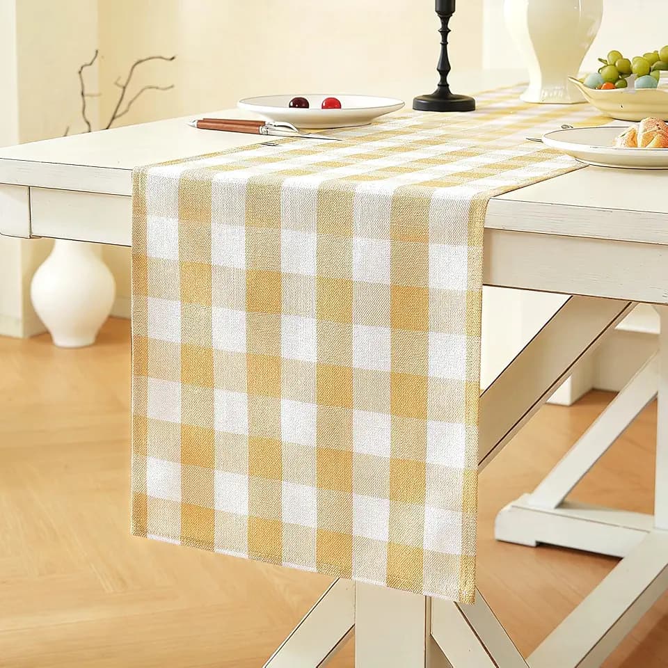 Laolitou Yellow Checkered Table Runner, Cotton Linen Gingham Table Runners, Classic Buffalo Plaid Farmhouse Table Decor, 13x90 Inches