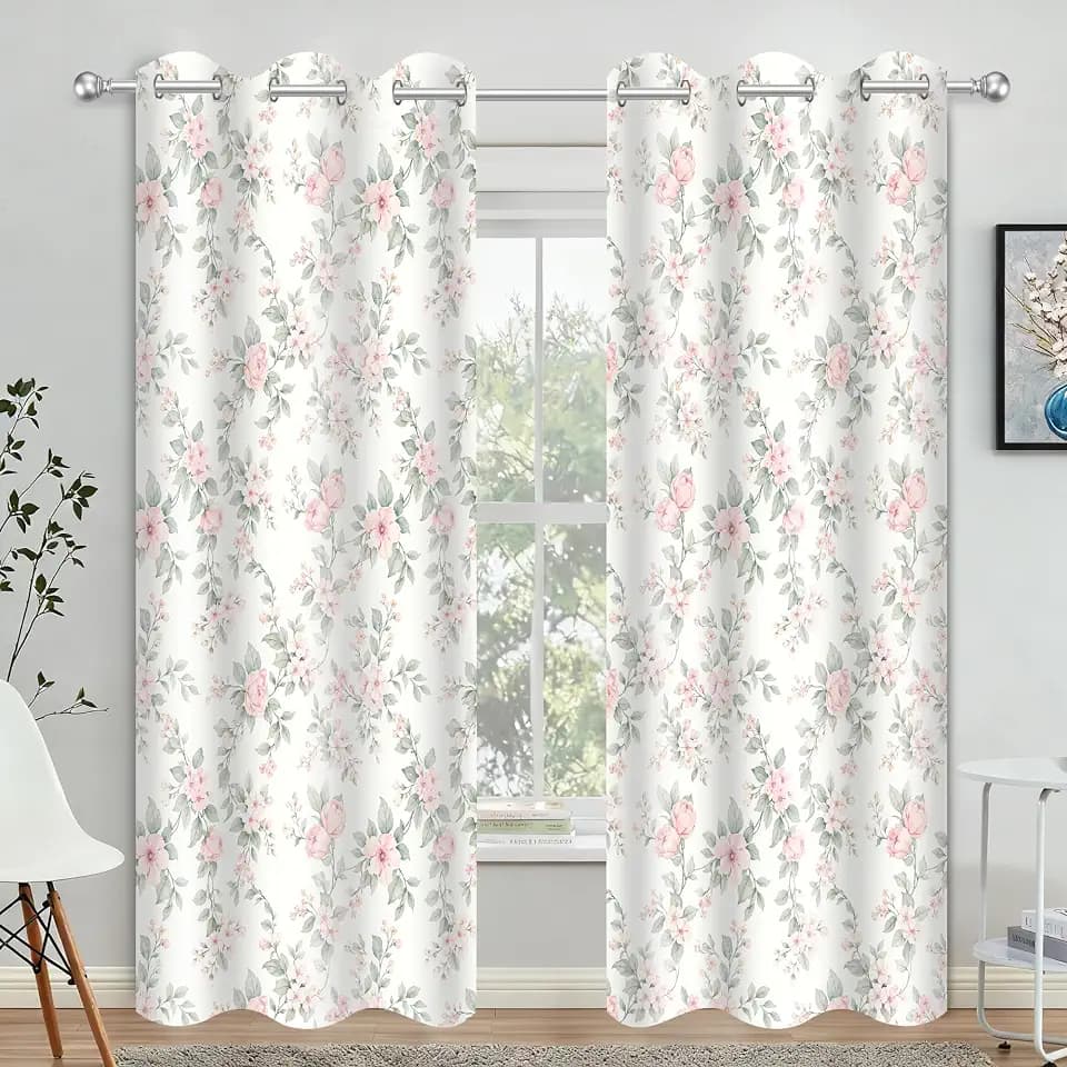 Pink and Sage Green Floral Blackout Curtains for Bedroom Girls Room 42"x84"