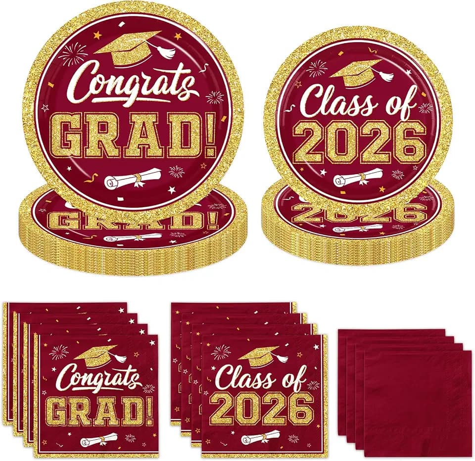 Graduation Plates and Napkins 2026,200pcs Maroon and Gold Graduation Decorations Disposable Congrats Grad Paper Plates for Class Of 2026 Graduation Maroon Party Supplies,Serve 50