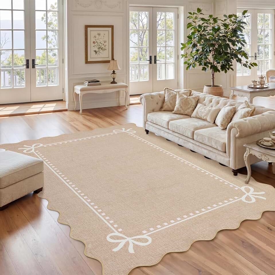 Garvee Scalloped Bow Rug for Living Room Washable Solid Camel 8x10 Area Rug