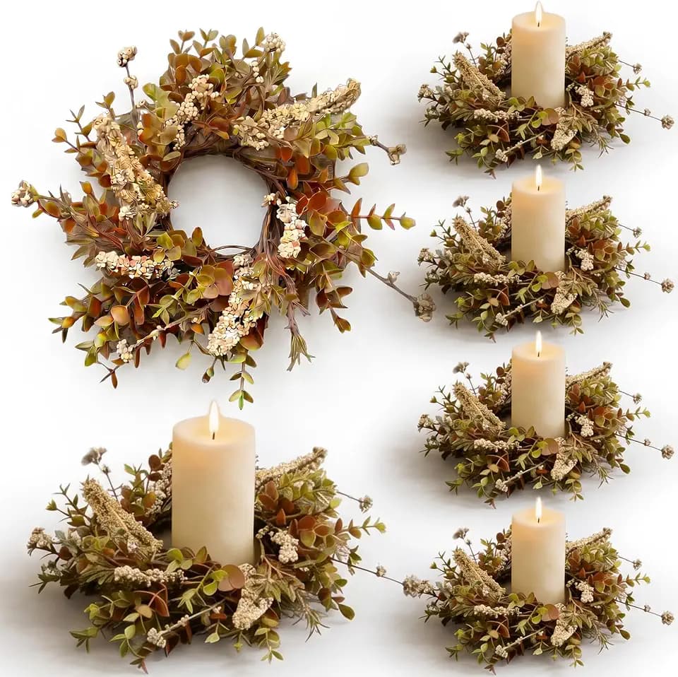 6 Pcs Small Fall Autumn Candle Ring Wreaths with Artificial Eucalyptus Beige Floral Spikes Mini Pillar Candle Holder Wreath for Home Table Centerpieces Kitchen Thanksgiving Farmhouse Party Decor