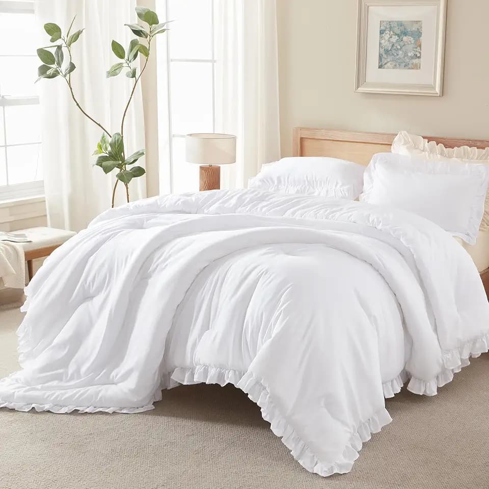 Andency King Size Comforter Set White, 3 Pcs Ruffle Farmhouse Bedding Sets