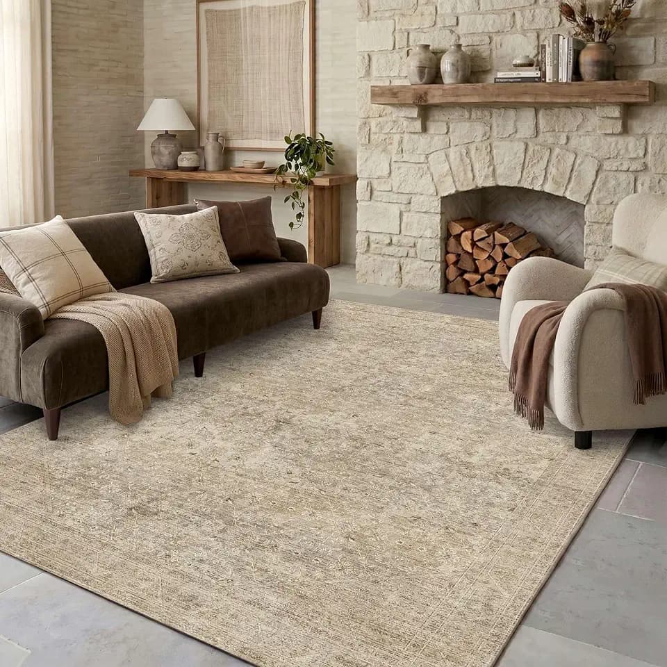 5x7 Washable Boho Area Rug, Non-Slip Dark Beige Bedroom Soft Carpet
