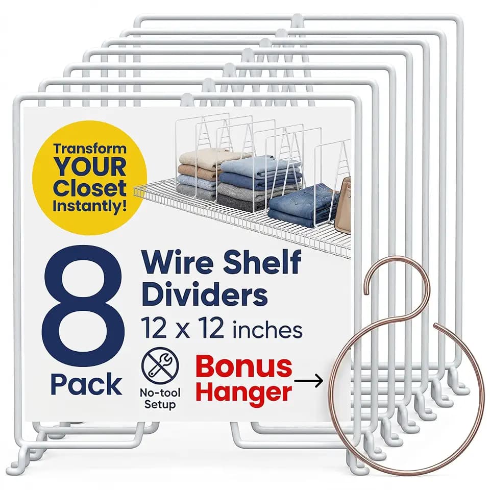 White Wire Shelf Dividers for Closet Organization – 8-Pack – Sturdy and Easy Set-Up Closet Shelf Dividers with Bonus Rose Gold Hanger – 12 inches x 12 inches