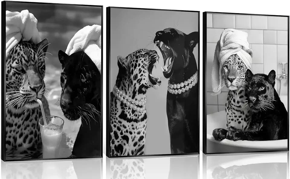 3Pcs Black White Leopard Unframed Canvas Wall Art, Trendy Fashion Decor