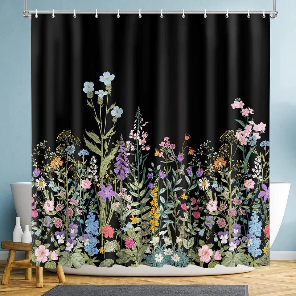 Shower Curtain Black Floral, Flower Shower Curtains for Bathroom with 12 Hooks, Polyester Fabric Shower Curtain Sets Machine Washable Waterproof Modern Bath Curtain Decor