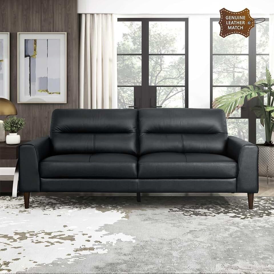 Lexicon Leather Match Upholstered Sofa, Stitching Cushion, Black