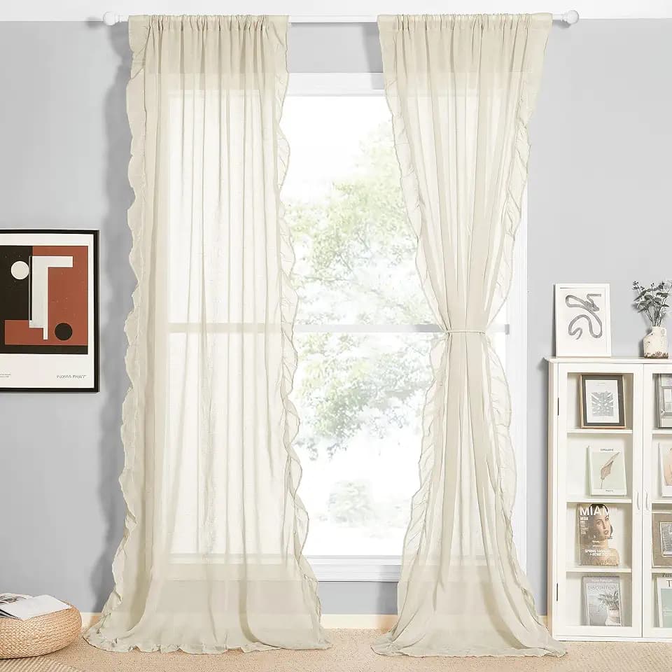 KGORGE Linen Sheer Curtains for Bedroom, Shabby Chic Rustic Farmhouse Ruffled Curtains Privacy Drapes for Party Backdrops Church Stage Living Room, Beige, W52 x L95 inches, 2 Panels