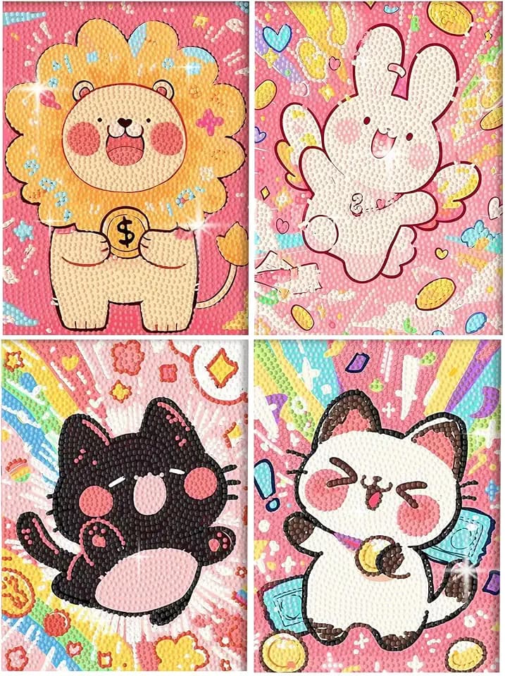 PERFECTSIGHT Cute 5D Diamond Art Kits, Kawaii DIY Painting Art for Adults Teen, 4 Pack Diamond Arts and Crafts Sets, Big Gem Full Drill Diamond Dots for Women (Multicolor Animal)