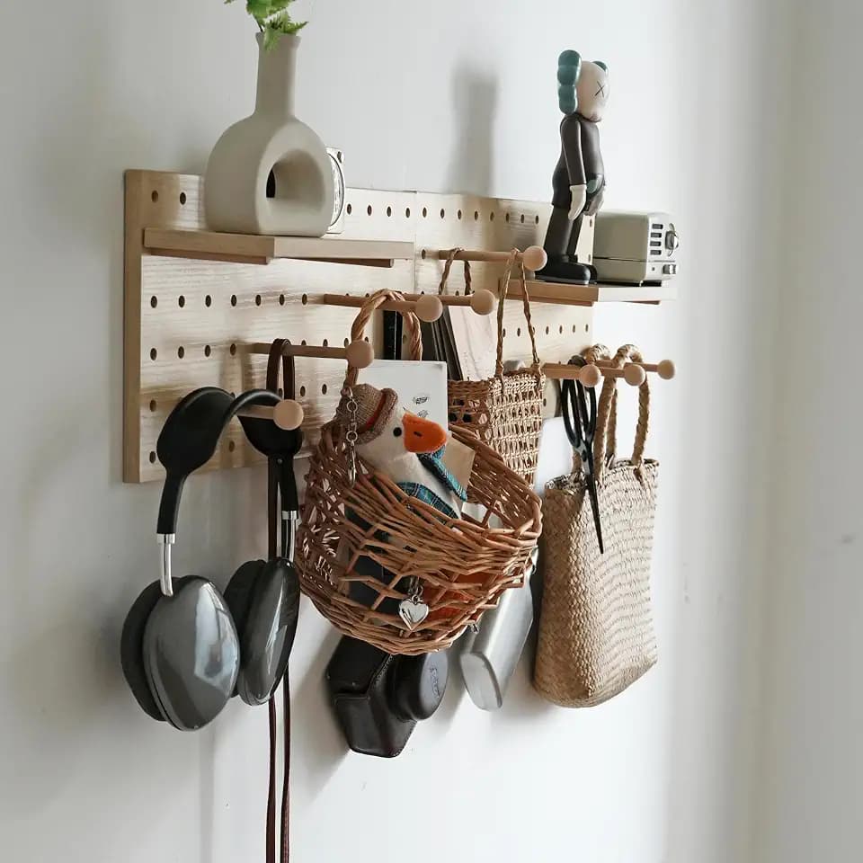 Wooden Pegboard Modular Display Organization Storage Wall Hooks Shelf (Birch Colored Finish-B)