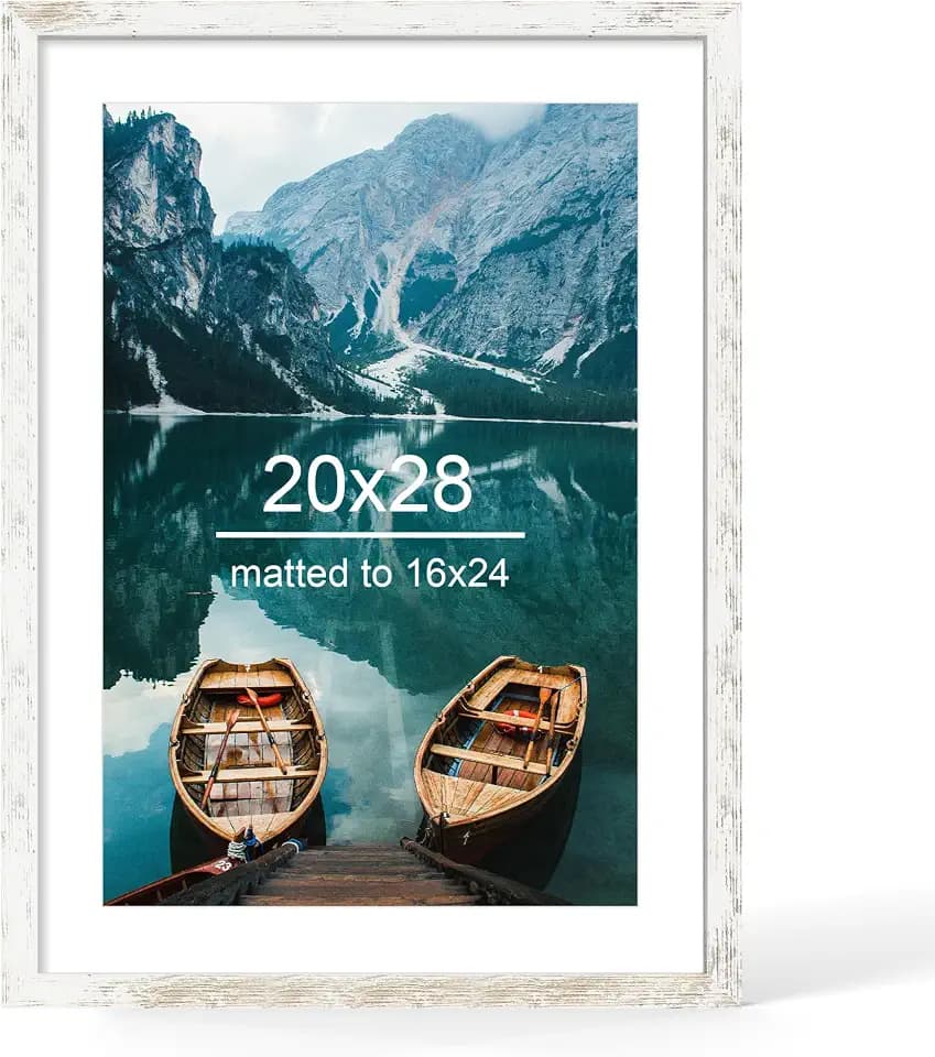 Hongkee 20x28 Picture Frame, Distressed White Wood Style, Wall Mounting