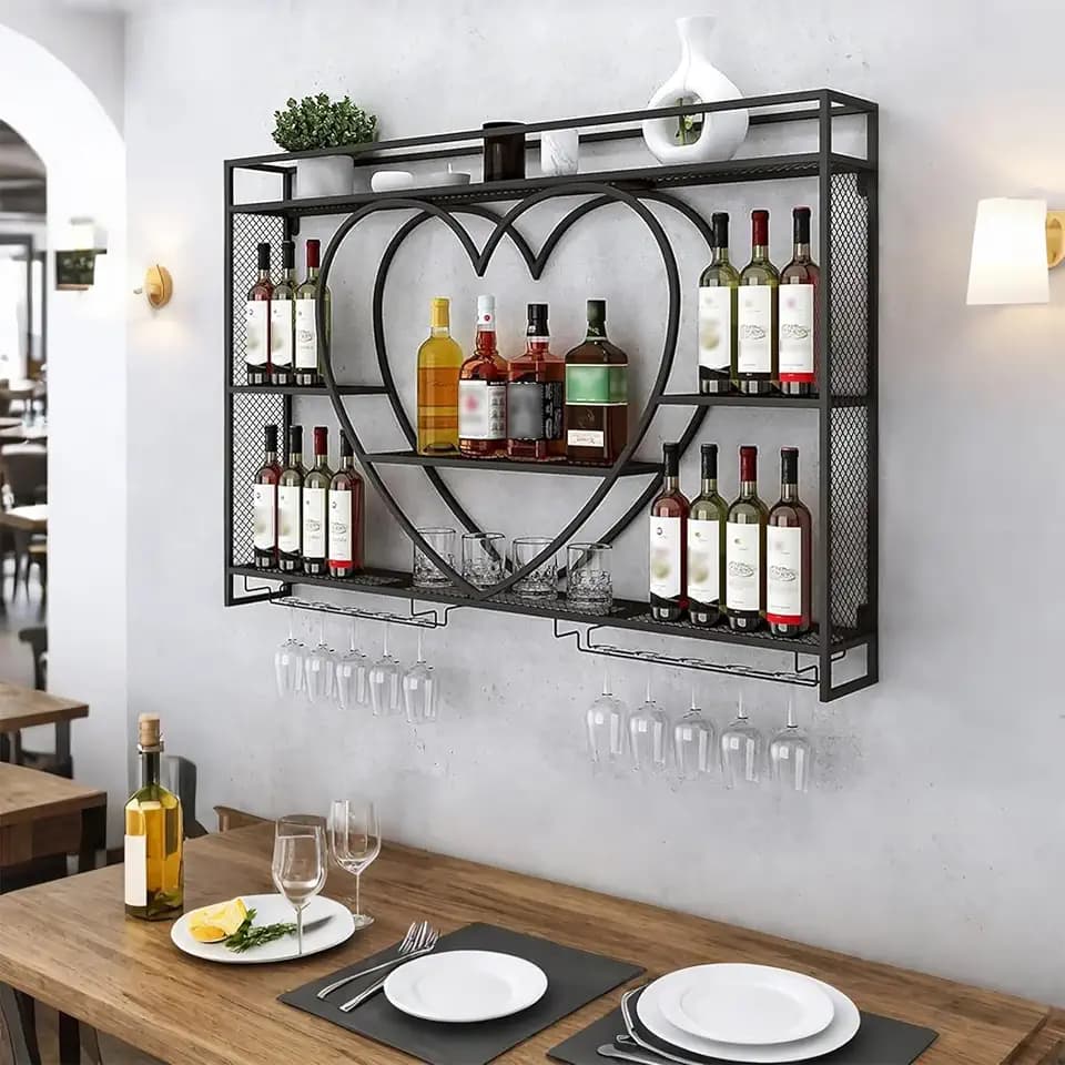W2 Liquor Bottles Bar Shelves Wall Mounted with LED Lighting Glass Holder, Wine Rack 3-Tiers Display Storage Organizer Hanging Long Stemware Goblet Metal for Home Cellar Black(47"x 6"x 33")