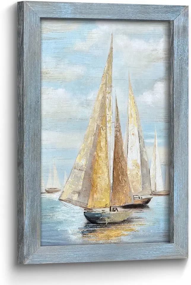 Ocean Nautical Sailboat Wall Art: Rustic Coastal Wooden Framed Sea Boat Seascape Texture Painting Prints Beach Seaside Relaxing Landscape Picture Artwork for Living Room Bedroom Bathroom 24x16 Inch