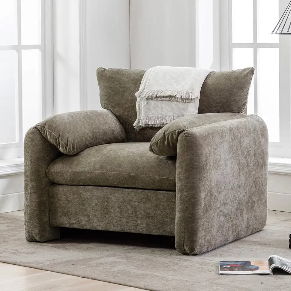 Merax Modern Style Chenille Oversize Armchair, Accent Chair, 37.6’’ W Single Sofa, for Living Room, Bedroom, Matcha Green