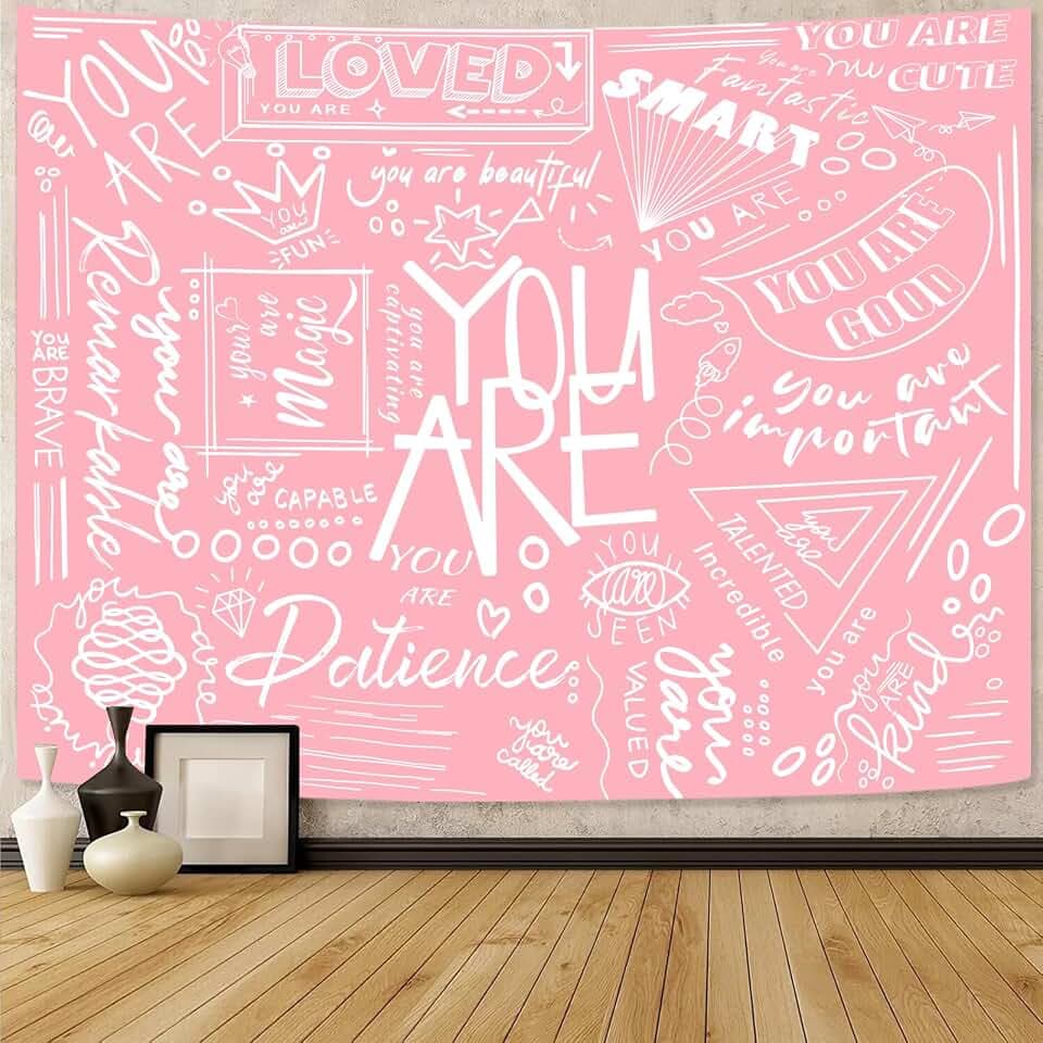 Fungarth Quote You Are Tapestry Classroom Positive Kids Tapestries Wall Hanging Inspirational Motivational Elementary Pink Aesthetic Tapestry for Bedroom Living Room Dorm (Pink, 90" x 68")